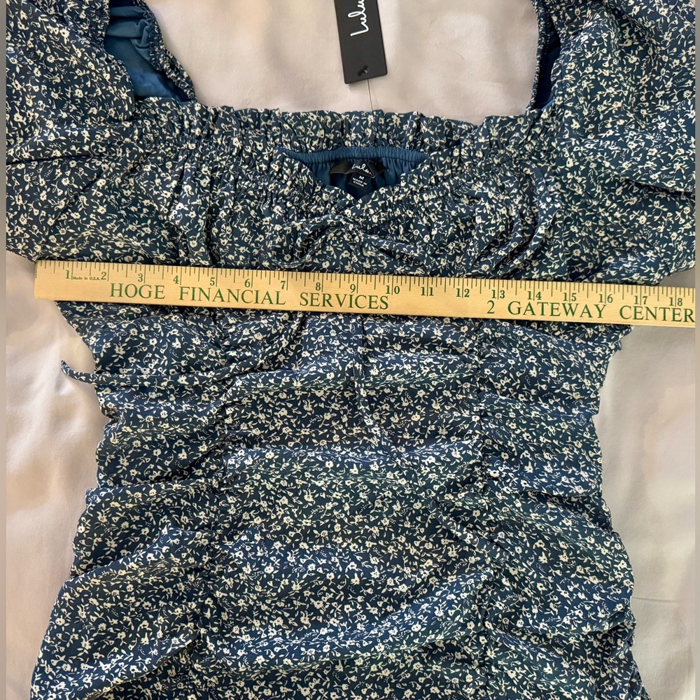 Lulus Reason To Be Mini Dress Ditsy Floral Dusty Blue Off Shoulder Short Sleeve - Picture 14 of 14